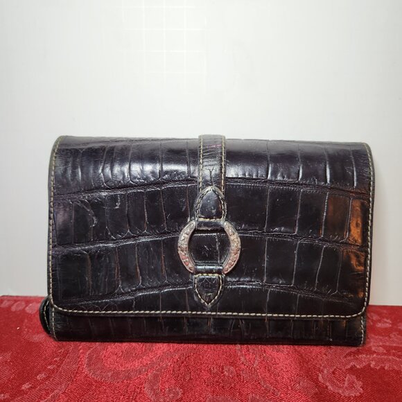 Brighton Black Leather Oversized Trifold Wallet Clutch - Picture 1 of 8